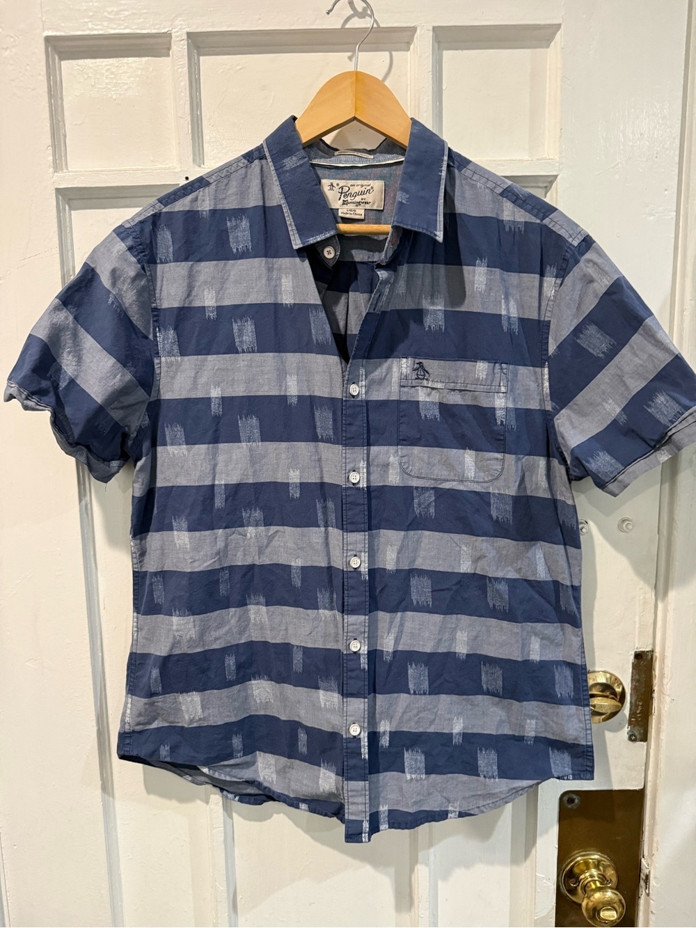 Original Penguin Navy and Light Blue Striped Short Sleeve Button-Down Shirt